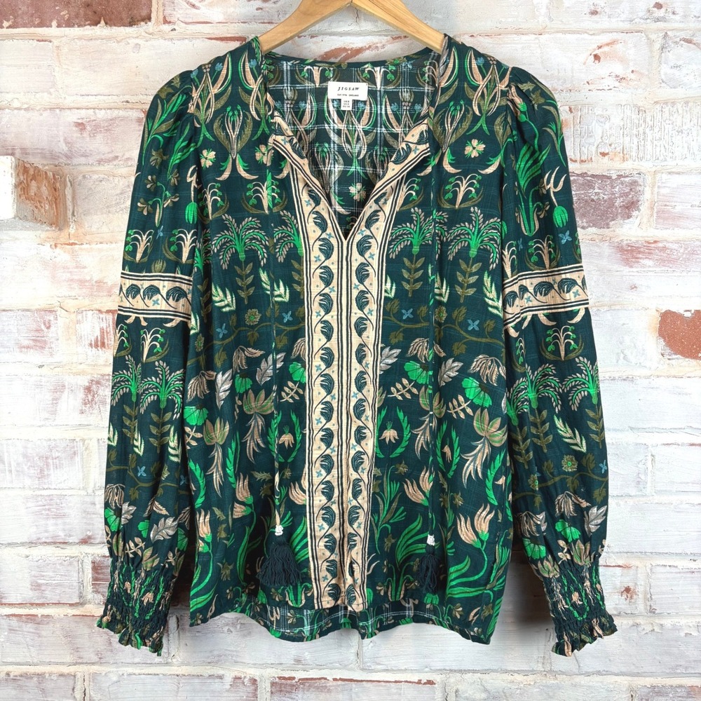 Jigsaw Floral Botanical Cotton Tassel Blouse US 4 UK 8 Boho, cottagecore, art